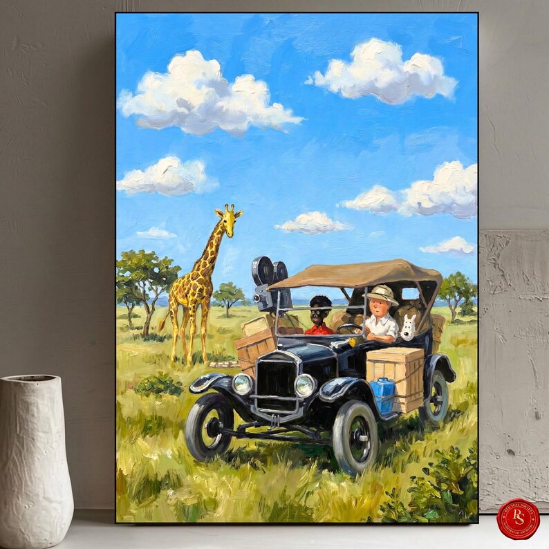 May include: An oil painting depicts a vintage black car on a safari adventure, with a giraffe in the background. The car carries passengers and boxes, with a film camera mounted on the side. The sky is blue with fluffy white clouds.