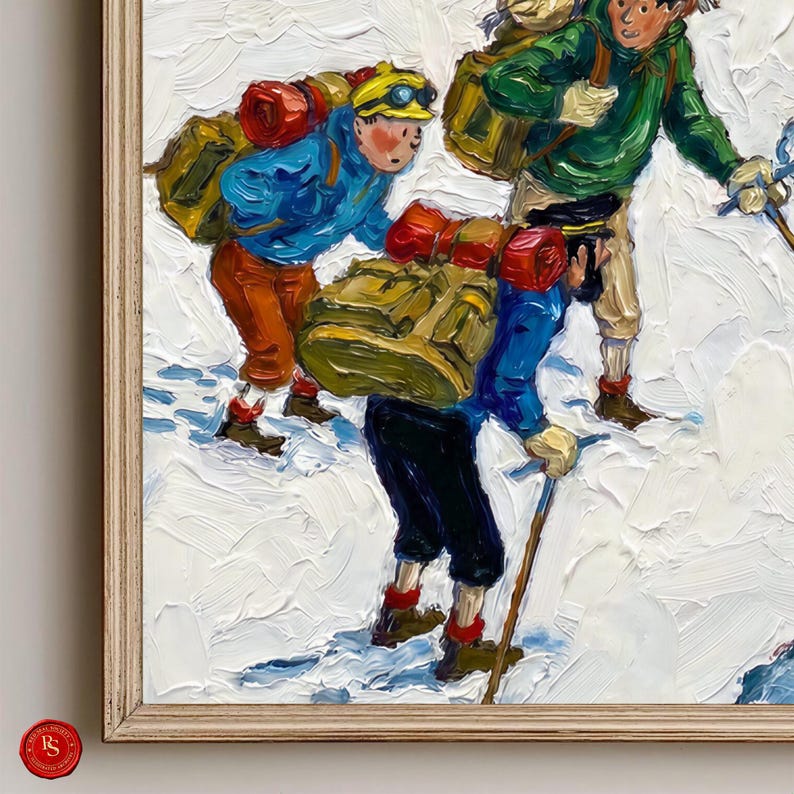 May include: Oil painting of three people hiking in the snow, each with a backpack. The hikers wear colorful jackets, pants, and hats. The painting is framed in a light-colored wooden frame. The painting has a textured, impressionistic style.