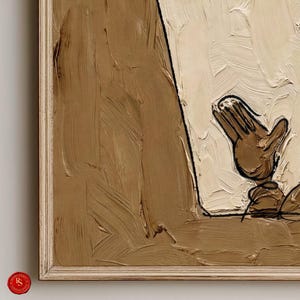 May include: Abstract oil painting in a wooden frame. The artwork features a palette of beige and brown tones with thick brushstrokes. A hand is depicted with black outlines, adding a contrasting element to the composition.