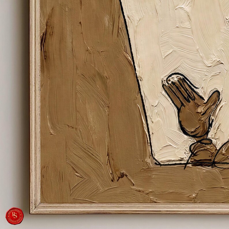 May include: Abstract oil painting in a wooden frame. The artwork features a palette of beige and brown tones with thick brushstrokes. A hand is depicted with black outlines, adding a contrasting element to the composition.