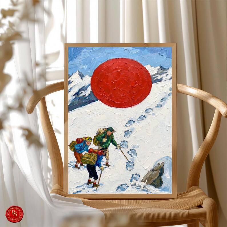 May include: A framed painting depicts three figures ascending a snowy mountain, with a large red sun in the sky. The artwork features a textured, impasto style, with visible brushstrokes. The figures are wearing backpacks and using walking sticks.