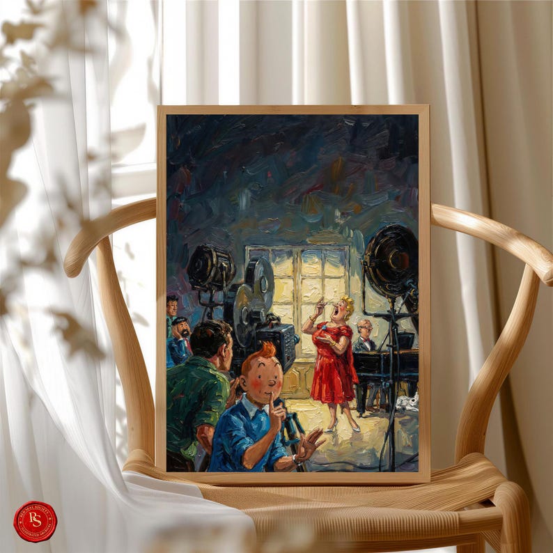 May include: A framed print of a vintage movie scene featuring a woman in a red dress singing into a microphone. Tintin is in the foreground, and film equipment is visible. The artwork is displayed on a wooden chair.