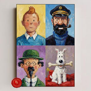 May include: A framed artwork featuring four panels with oil-painted portraits of characters from The Adventures of Tintin. The characters include Tintin, Captain Haddock, Professor Calculus, and Snowy. The artwork has a red seal in the bottom left corner.