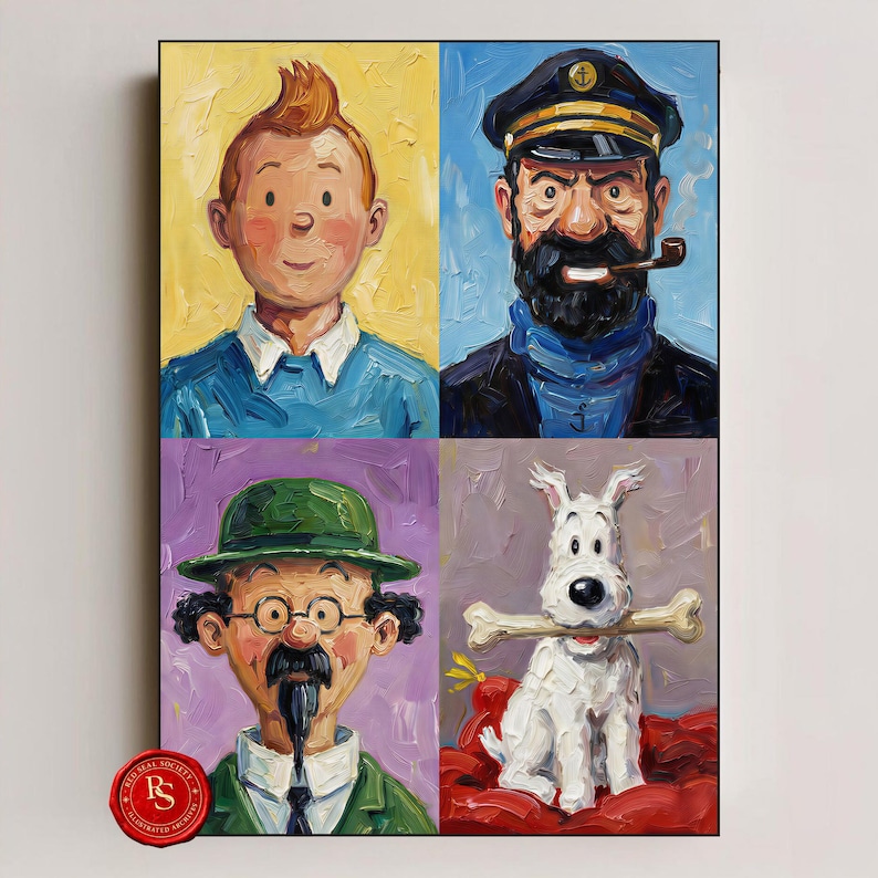 May include: A framed artwork featuring four panels with oil-painted portraits of characters from The Adventures of Tintin. The characters include Tintin, Captain Haddock, Professor Calculus, and Snowy. The artwork has a red seal in the bottom left corner.