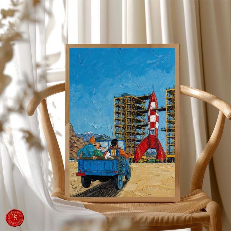 May include: A framed print depicting a scene with a red and white rocket, a blue truck, and figures. The artwork has a blue sky background and is set against a construction site. The print is displayed on a wooden chair.