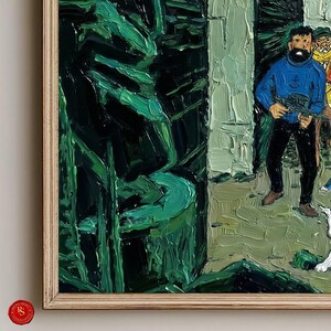 May include: Oil painting in a wooden frame depicts a scene with a man in a blue sweater holding a rifle. The artwork features a forest with dark green foliage and a light green background. The style is impressionistic with visible brushstrokes.