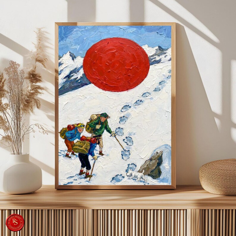 May include: A framed painting depicts three hikers ascending a snowy mountain, with a large red sun in the sky. The hikers are wearing colorful gear and following footprints. A small white dog is near a snow cave.