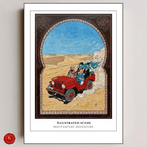 May include: An illustrated print depicting a red jeep driving through a desert landscape. The artwork features a blue sky, sand dunes, and figures in the vehicle. The text at the bottom reads "ILLUSTRATED SCENE MID-CENTURY ADVENTURE."
