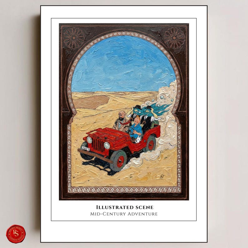 May include: An illustrated print depicting a red jeep driving through a desert landscape. The artwork features a blue sky, sand dunes, and figures in the vehicle. The text at the bottom reads "ILLUSTRATED SCENE MID-CENTURY ADVENTURE."