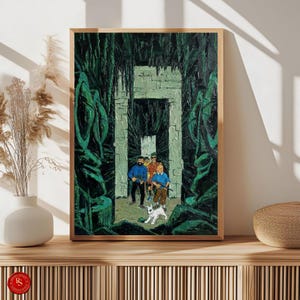 May include: A framed painting depicting a group of figures in a green, jungle-like setting. The artwork features a central architectural structure and a small white dog. The figures are dressed in various colors, including blue and orange.