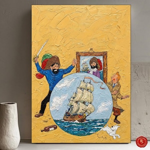 May include: A textured yellow canvas painting featuring a nautical theme. The artwork depicts a ship sailing on blue waters within a circular frame, with three cartoon characters and a dog. One character holds a sword. A framed image of a ship is also present.