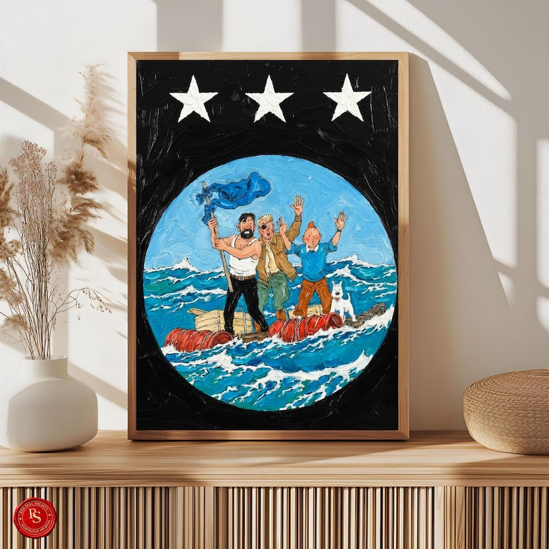 May include: Framed artwork featuring a painting of three men and a dog on a raft at sea. The painting is set within a black circle with three white stars above. The men are waving, and one holds a blue flag. The artwork is displayed on a wooden surface.
