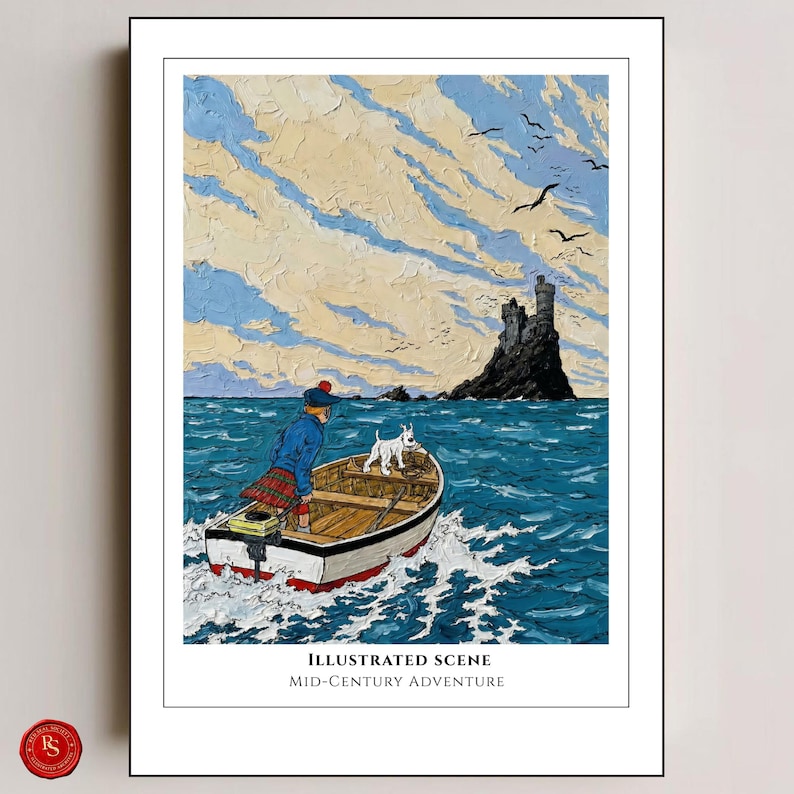 May include: An illustrated print depicting a mid-century adventure scene. A person in a boat with a white dog sails on blue water toward a rocky island. The sky is filled with clouds and birds. The print includes the text "ILLUSTRATED SCENE" and "MID-CENTURY ADVENTURE".