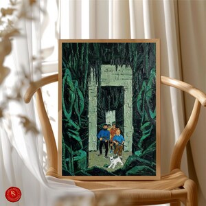 May include: A framed painting depicts a group of figures exploring a stone structure within a lush, green environment. The artwork features a palette of greens, blues, and browns, with a white dog in the foreground. The painting is displayed on a wooden chair.