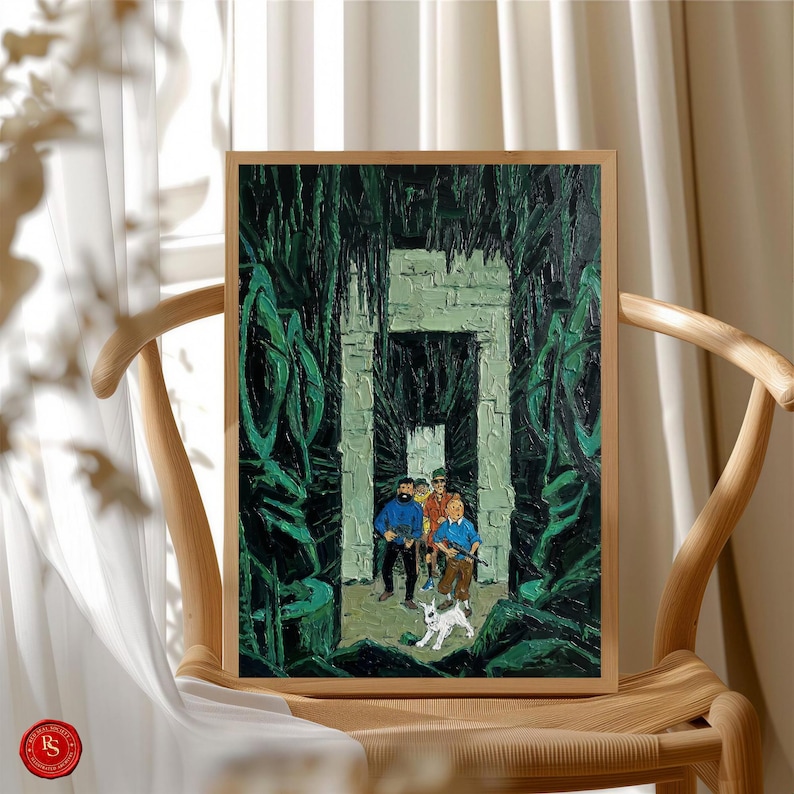 May include: A framed painting depicts a group of figures exploring a stone structure within a lush, green environment. The artwork features a palette of greens, blues, and browns, with a white dog in the foreground. The painting is displayed on a wooden chair.