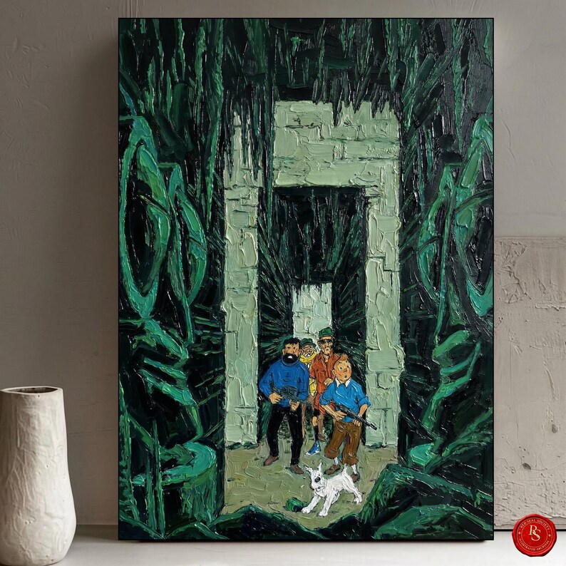 May include: An oil painting depicts a group of figures with a white dog, armed and walking through a green, jungle-like environment. The figures are dressed in various colors, including blue, brown, and yellow. The artwork has a textured, impasto style.