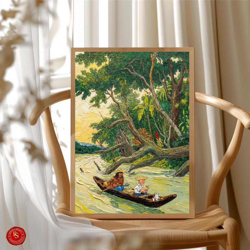 May include: A framed art print depicts a river scene with two people in a wooden boat. The artwork features a lush green forest, a yellow sky, and a flowing river. The boat is filled with details, including a small dog. The print is displayed on a wooden chair.