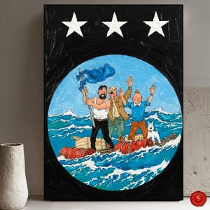 May include: A framed painting depicting a scene of three men and a dog on a raft at sea. The artwork features a black background with three white stars at the top. The raft is made of red barrels, and the sea is painted in shades of blue.