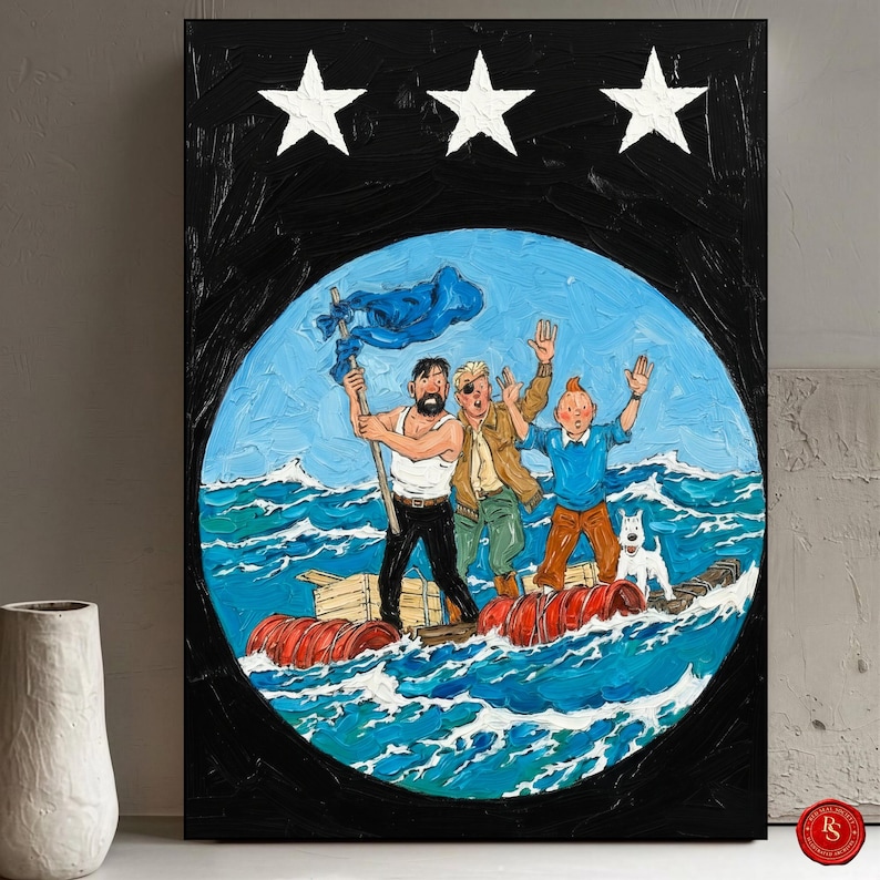 May include: A framed painting depicting a scene of three men and a dog on a raft at sea. The artwork features a black background with three white stars at the top. The raft is made of red barrels, and the sea is painted in shades of blue.