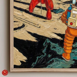 May include: Oil painting of an astronaut in an orange spacesuit, standing near a red rocket. The artwork features a textured, impasto style with a palette of orange, beige, black, and teal. The painting is framed in a light-colored wooden frame.