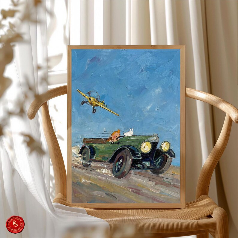 May include: A framed painting depicts a vintage green car with a person and a white rabbit, and a yellow biplane flying in a blue sky. The artwork is in a wooden frame and is displayed on a wooden chair.