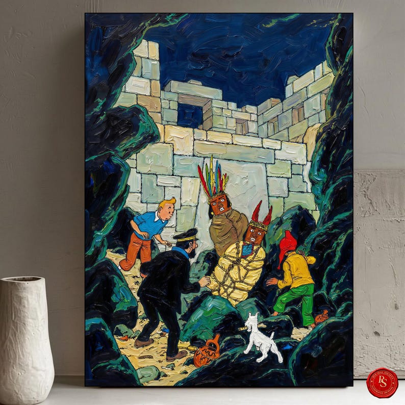May include: An oil painting depicting a scene with characters from a comic book series. The artwork features a group of people in a stone structure, with a white dog in the foreground. The color palette includes blues, greens, and earth tones.