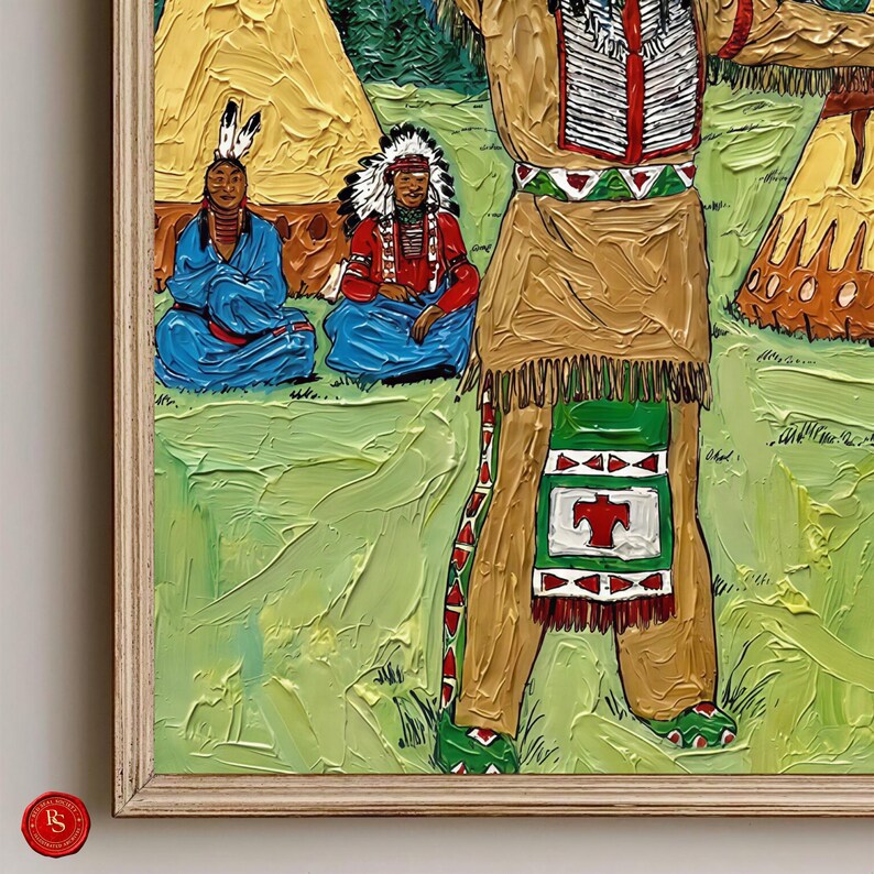 May include: Oil painting depicting Native American figures in traditional attire. The artwork features a central figure in tan clothing with red and white accents, and two seated figures in blue and red. The background includes teepees and green grass.