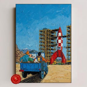 Puede incluir: Pintura al óleo de una escena con un cohete rojo y blanco, un jeep azul con pasajeros y andamios de construcción bajo un cielo azul. La pintura tiene un estilo impasto texturizado.