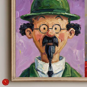 May include: A framed portrait of a cartoon character with a green hat, glasses, and a black mustache and goatee. The background is a textured purple. The character is wearing a green jacket and a white collared shirt.