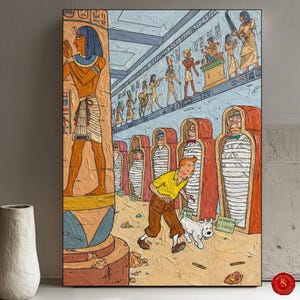 May include: A painting of an Egyptian tomb scene. A young man in a yellow shirt and brown trousers, with a white dog, explores the tomb. Mummies are in red sarcophagi. Hieroglyphs and figures decorate the walls. The artwork has a textured, painted appearance.