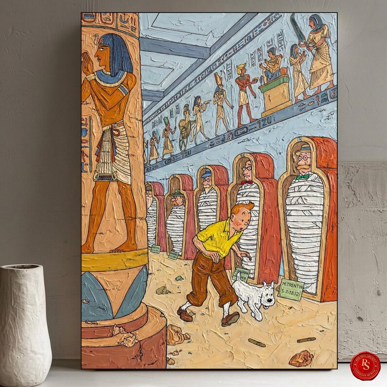 May include: A painting of an Egyptian tomb scene. A young man in a yellow shirt and brown trousers, with a white dog, explores the tomb. Mummies are in red sarcophagi. Hieroglyphs and figures decorate the walls. The artwork has a textured, painted appearance.