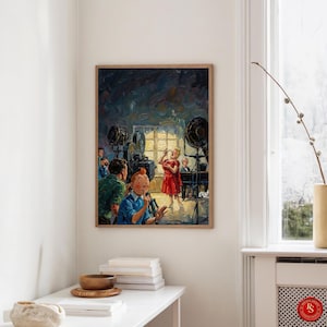 May include: A framed art print depicting a scene from a film set. The artwork features a woman in a red dress singing into a microphone, with other characters and equipment visible. The style is reminiscent of a classic comic book.