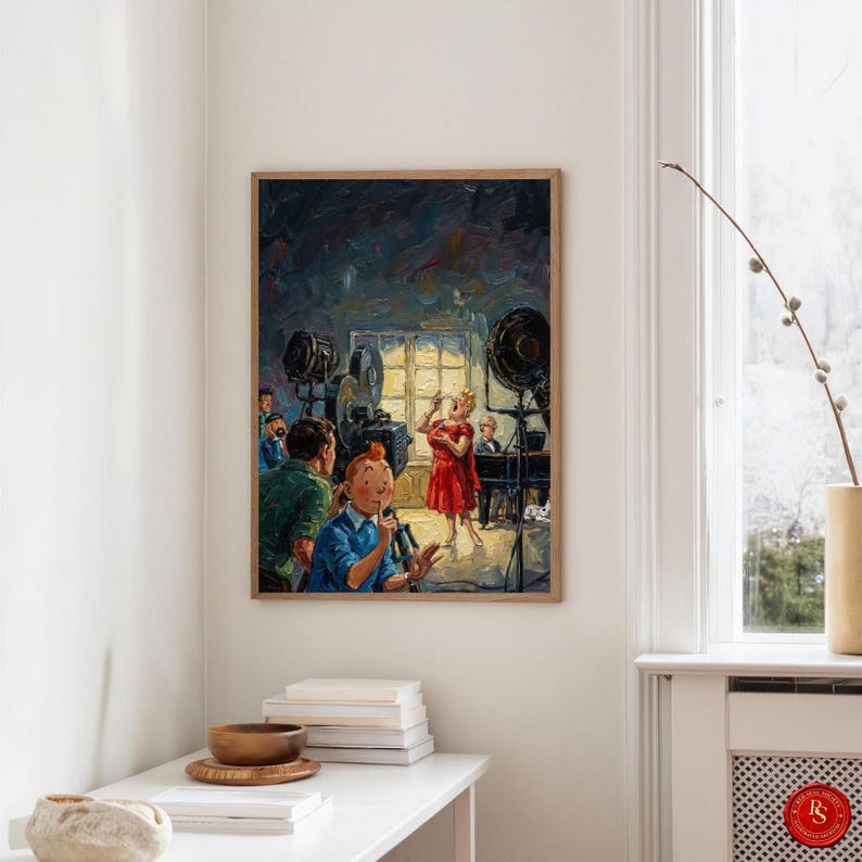 May include: A framed art print depicting a scene from a film set. The artwork features a woman in a red dress singing into a microphone, with other characters and equipment visible. The style is reminiscent of a classic comic book.