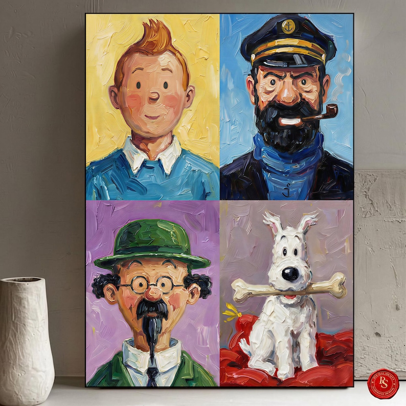 May include: A framed artwork featuring four panels with oil paintings of characters from The Adventures of Tintin. The characters include Tintin, Captain Haddock, Professor Calculus, and Snowy the dog.