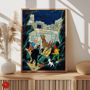 May include: A framed print of a colorful illustration featuring a group of characters in an outdoor setting. The artwork depicts a scene with figures in various outfits, including a sailor, a boy in a blue shirt, and individuals with feathered headdresses, set against a stone structure.
