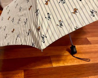 Poodle and striped print umbrella, vintage, retro, preppy rain accessory