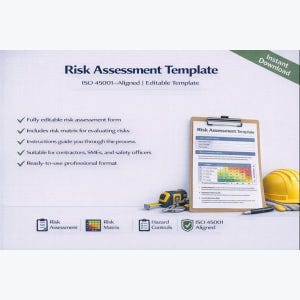 May include: A Risk Assessment Template document with the text ISO 45001-Aligned and Editable Template. The document includes a risk matrix, a clipboard with a form, a yellow hard hat, a measuring tape, and a pen on a white background.