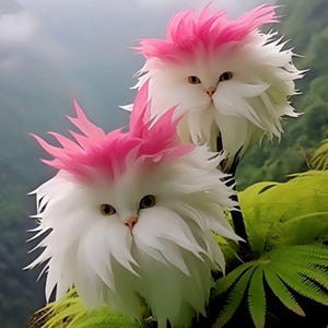 Puede incluir: Dos gatos blancos y esponjosos con puntas rosas, que parecen flores, están posados entre follaje verde. Sus caras son visibles, con ojos marrones claros y una expresión serena. El fondo presenta un paisaje montañoso borroso.