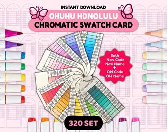 Könnte beinhalten: Ein digitaler Download mit einer chromatischen Farbmusterkarte mit Farbfeldern und Markern. Die Karte enthält den Text "OHUHU HONOLULU CHROMATIC SWATCH CARD" und "320 SET". Das Bild enthält auch den Text "Both New Code New Name + Old Code Old Name".