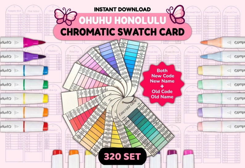 May include: A digital download featuring a chromatic swatch card with color swatches and markers. The card includes the text "OHUHU HONOLULU CHROMATIC SWATCH CARD" and "320 SET". The image also includes the text "Both New Code New Name + Old Code Old Name".