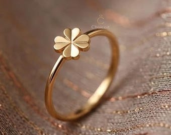 14K Gold Four Leaf Clover Ring | Minimalist Lucky Band, Dainty Nature Jewelry