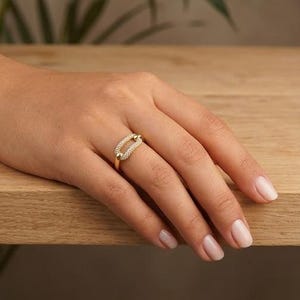 14K Gold Pave Moissanite Diamond Link Ring | Geometric Statement Band image 4