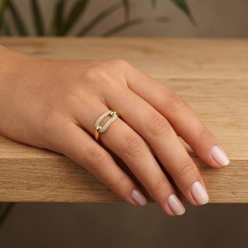 14K Gold Pave Moissanite Diamond Link Ring | Geometric Statement Band image 4