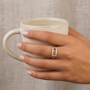 14K Gold Pave Moissanite Diamond Link Ring | Geometric Statement Band image 5