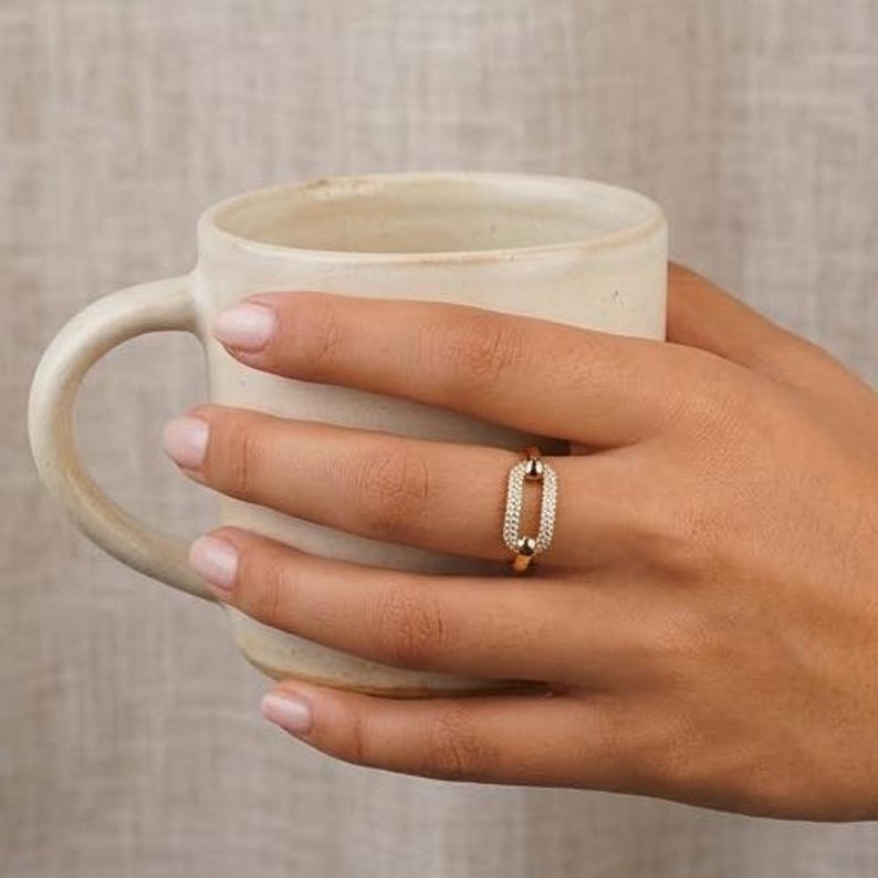 14K Gold Pave Moissanite Diamond Link Ring | Geometric Statement Band image 5