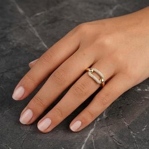 14K Gold Pave Moissanite Diamond Link Ring | Geometric Statement Band image 3