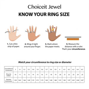 May include: Diagram illustrating how to measure ring size. Steps include using paper, wrapping it around a finger, marking the point where it meets, and measuring. A chart converts circumference in cm to ring sizes.