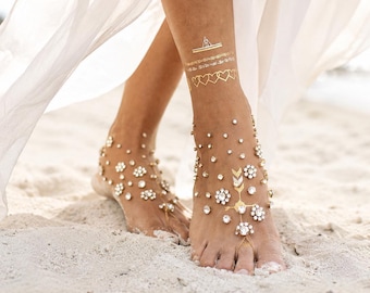 Blote voetensandalen met strassteentjes | Bruidsvoetsieraden | Vergulde of verzilverde strandbruiloftaccessoires