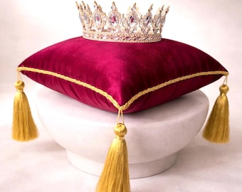 Burgundy Velvet Satin Pillow | Quinceanera Crown Pillows | Tiara Display Cushion| Gold Tasseled Cushion