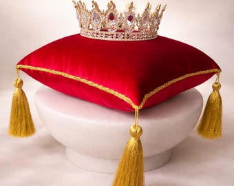 Rood fluwelen satijnen kroonkussen, kussens kweepeertiara, displaykussen, kussen voor ringdrager